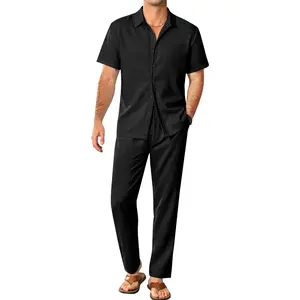 LecGee Mens 2 Piece Outfit Casual Short Sleeve Button Down Shirt and Long Pants Linen Summer Beach Sets