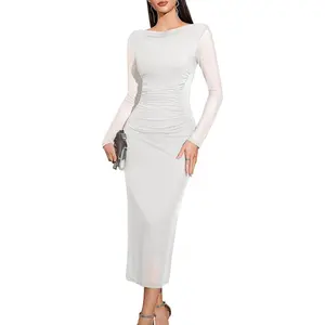 Women's Sparkly Mesh Maxi Summer Dress Long Sleeve Bodycon Dresses for Wedding Guest Outfit