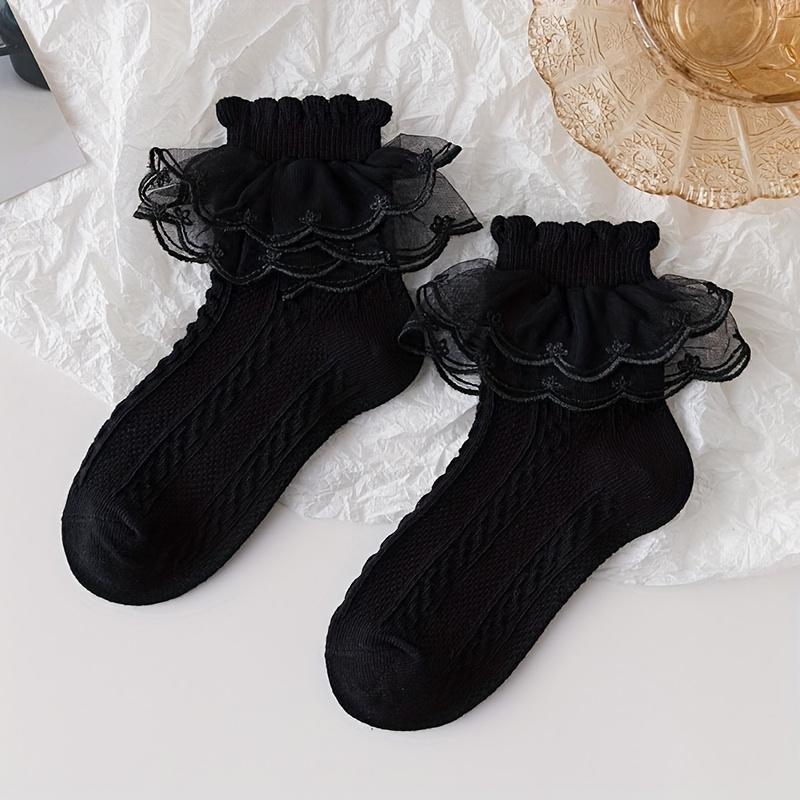 (New)New[Breathable Lace Socks] 5 Pairs Breathable Girls' Lace Ruffle Socks |               Polyester Blend, Comfortable, All-Season White Princess Socks for Dancing, Hand Wash Only, Dancing Socks |               Ruffle Detail Socks |               Knit T