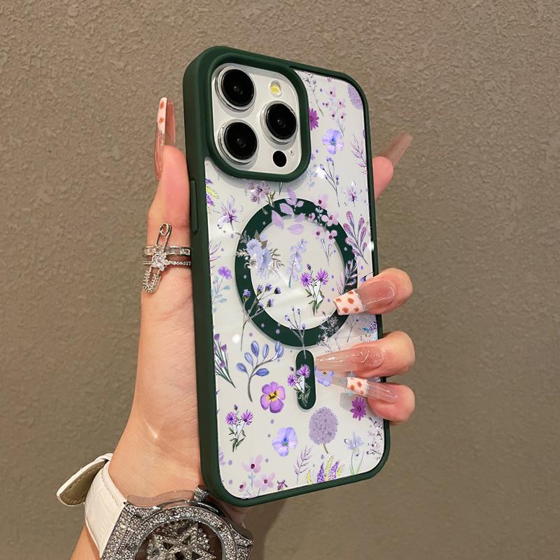 Magnetic Silicone Case for iPhone 17 16 15 14 13 12 11 Pro Max Plus XS XR Purple Floral Aesthetic Shockproof Lightweight Girly Scratch Resistant Protection