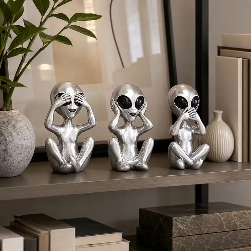 3-piece alien figurines: Don't listen! Don't talk! Don't look! Dreamy theme living room decoration. Resin material. Suitable for Christmas and Halloween to decorate your home.