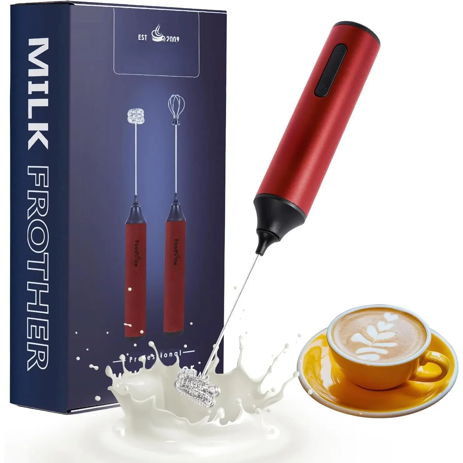 MF05 Rechargeable Milk Frother USB  Handheld  Maker with Stainless Balloon Whisk for Cappuccino, Latte, Bulletproof Coffee, Keto Diet, , Matcha (Red)