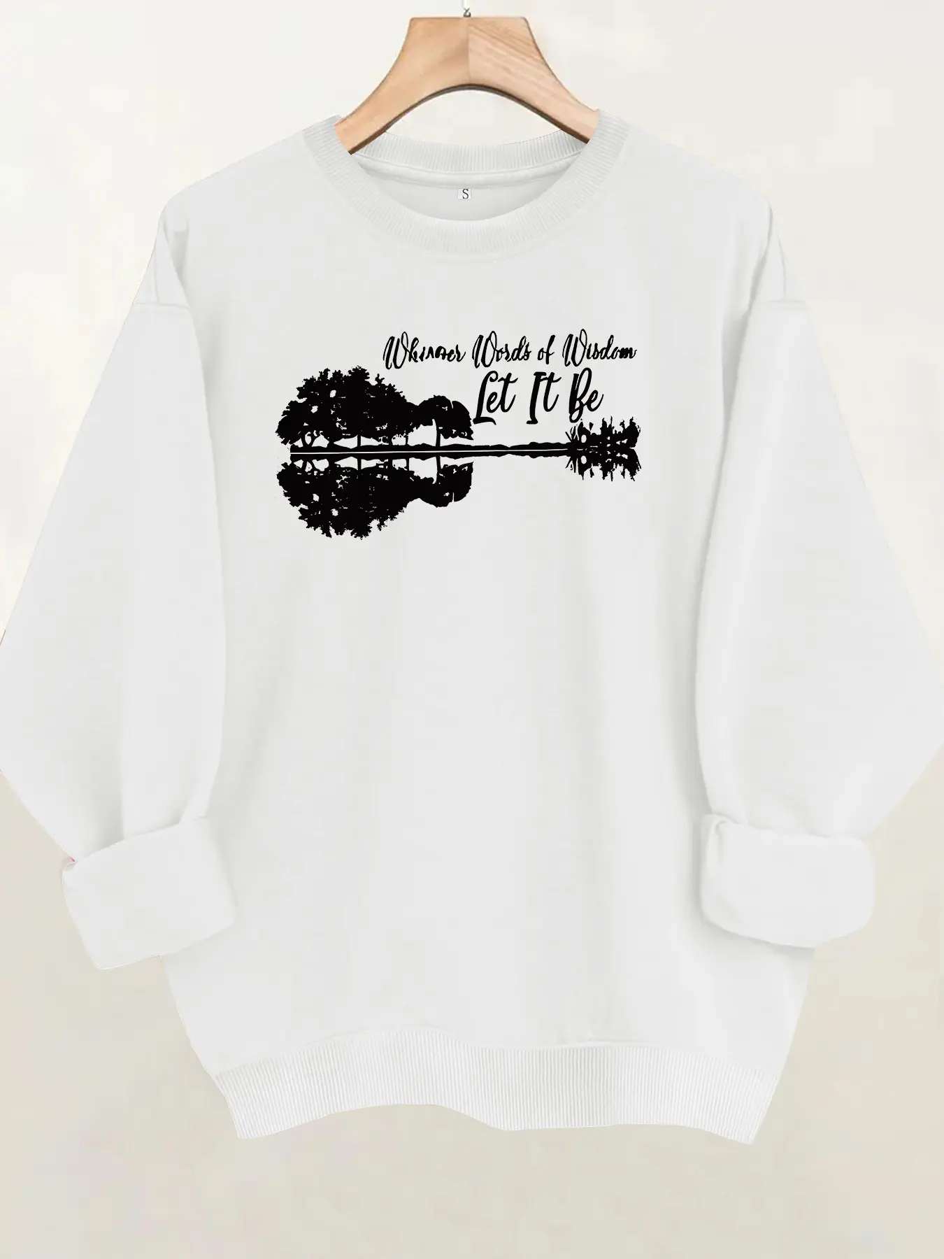 Women's Casual Guitar Pattern Sweatshirt, Soft Long Sleeve Round Neck Fleece Pullover, Fall & Winter Comfort
