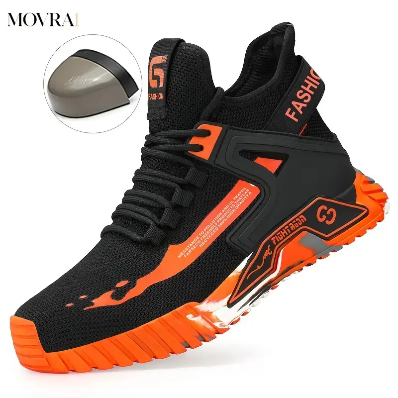 MOVRA1 Shoes Gentlemen-Top Safety Shoes with Steel Toe - Puncture-Resistant, Anti-Work Sneakers Men and Women, Breathable Mesh Upper, Durable Rubber Sole, Fashionable Black and Design, Outdoor Footwear|Trendy Safety Footwe