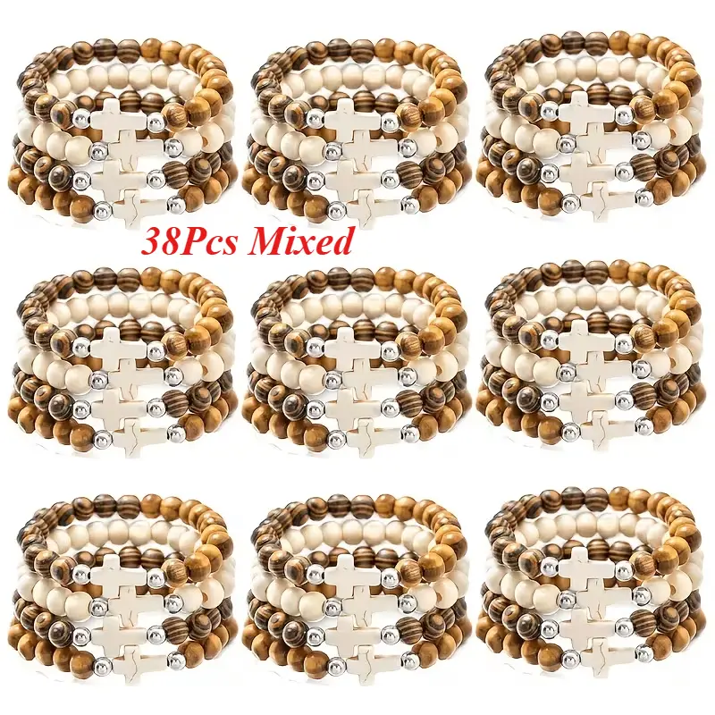38Pcs Vintage Wooden Bead Cross Emblem Bracelets & Bangles Set for Men, Stylish Matching Pairs for Couples, Everyday Wear, Beads, Cross Motif, Yes, Casual, Daily