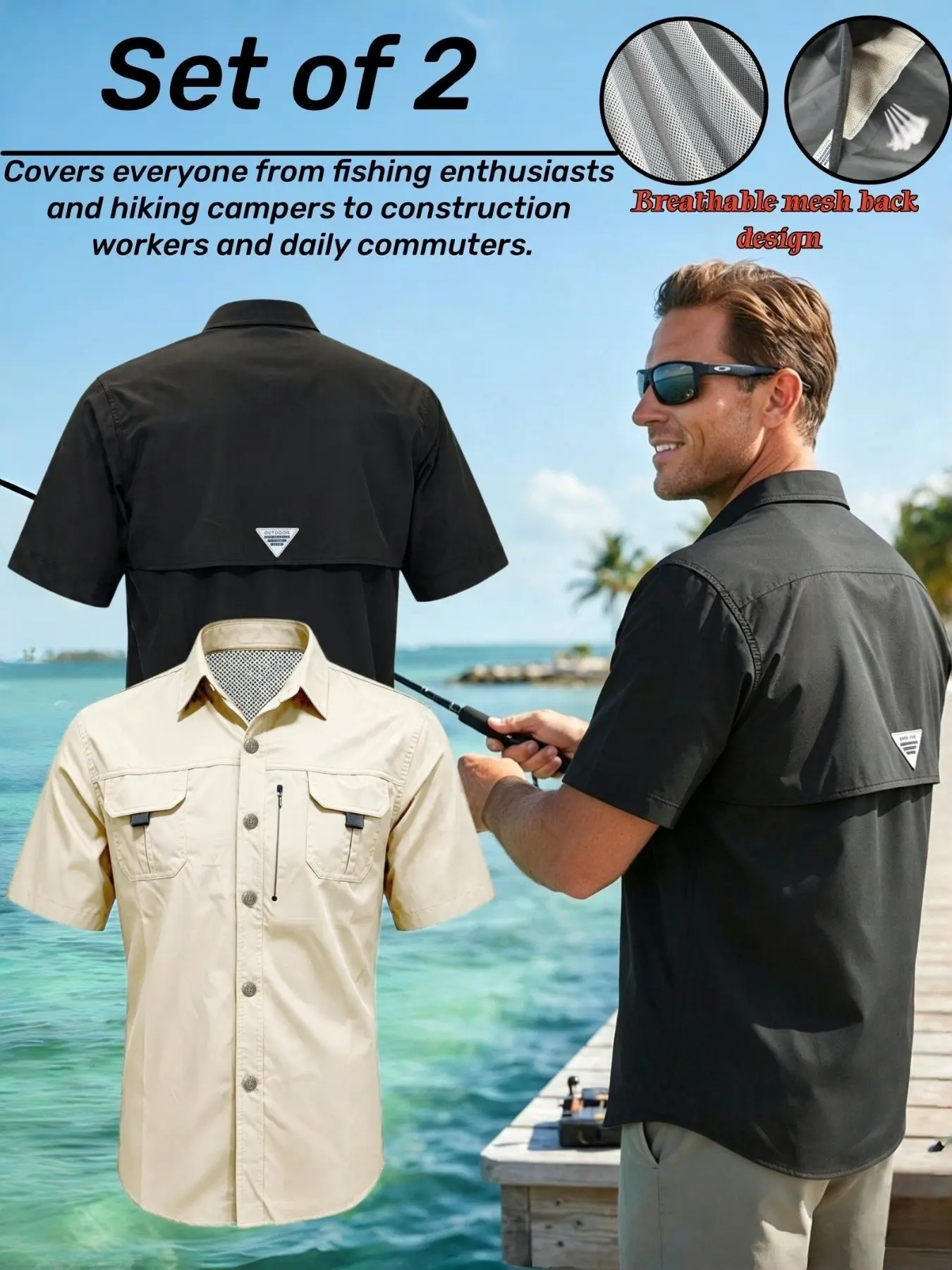 Men's Quick-Dry Short Sleeve Fishing Shirt, Breathable Mesh Back, Multiple Pockets, Ideal for Outdoor Work, Hiking, Camping, Construction
