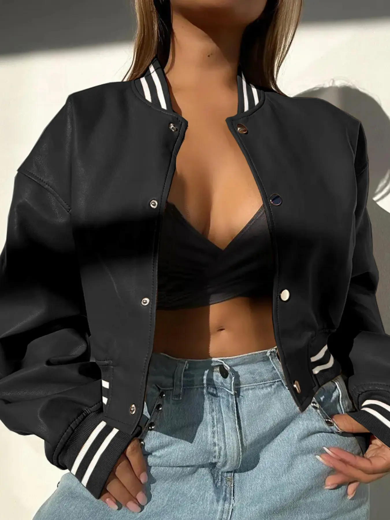 Autumn Winter Long Sleeve Motorcycle Fashion Small Jacket Coats, Colorblock Design, Fitted Outerwear, Unlined, Perfect for Fall & Winter