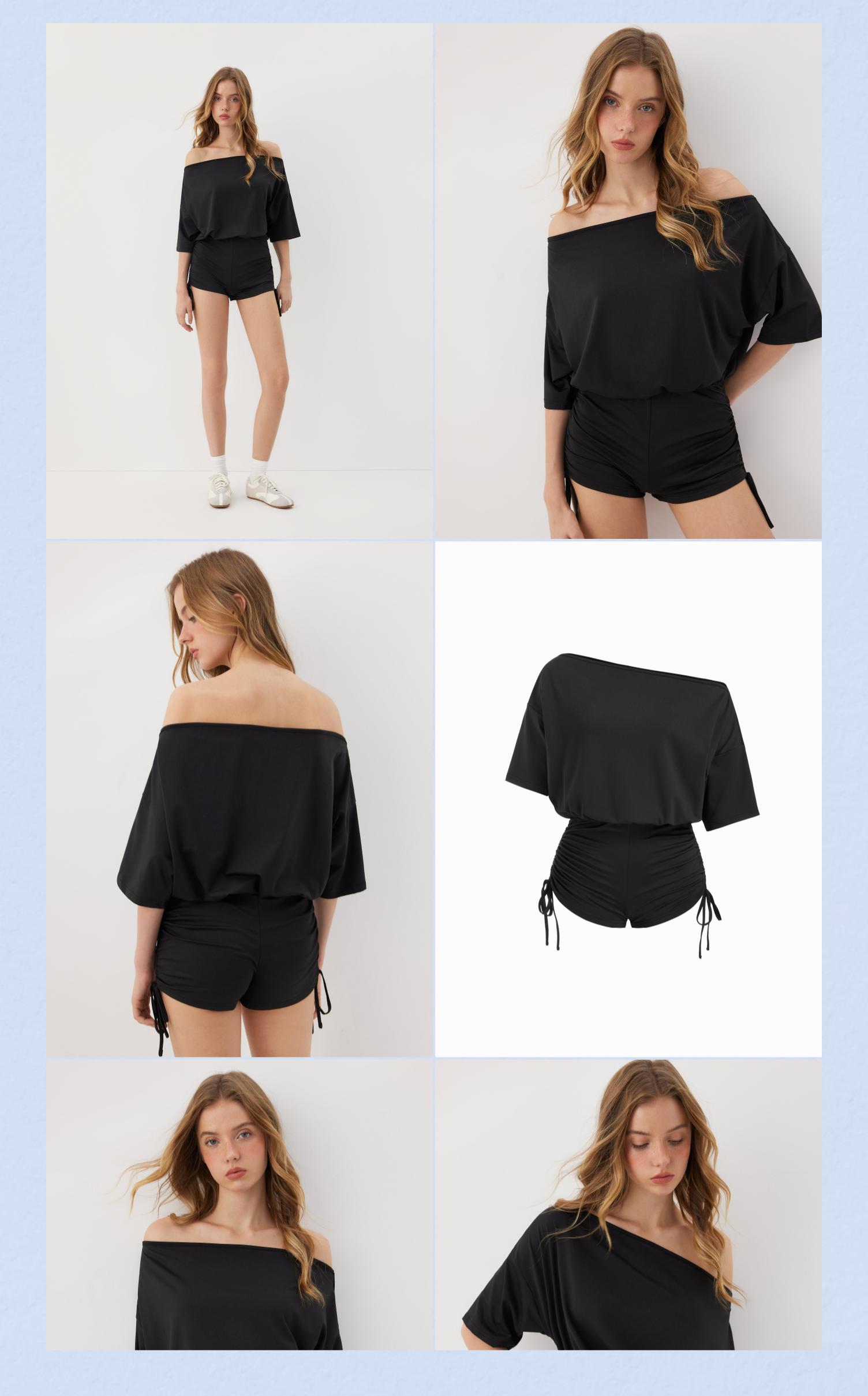 Cider Off-Shoulder Drawstring Ruched Romper