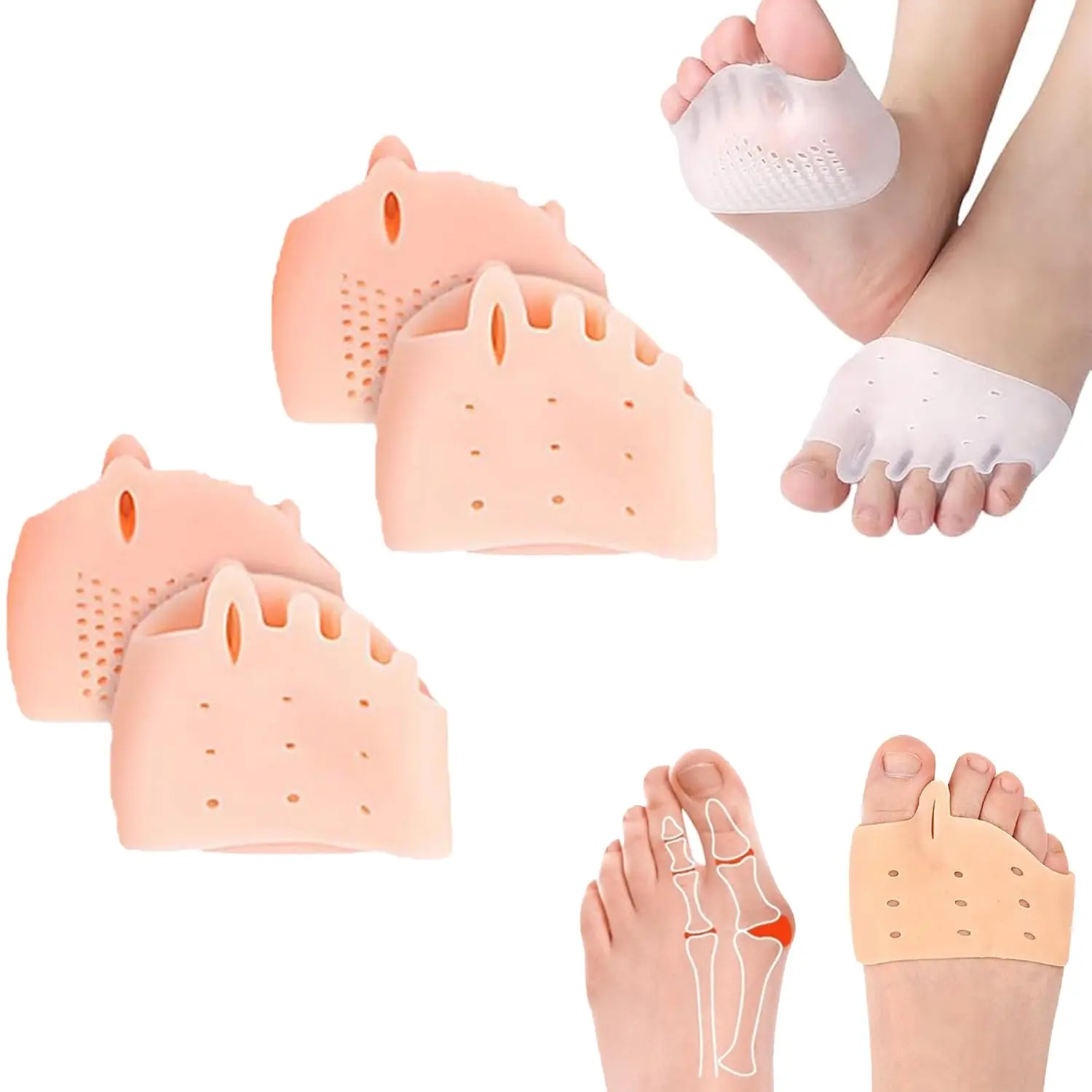 Toe Sleeves,Hallux Valgus Relief,Silicone Toe Separators For Women & Men,Ideal For Daily Wear (2Pairs Skin Color) Manicure Nail Nail Care Gentle