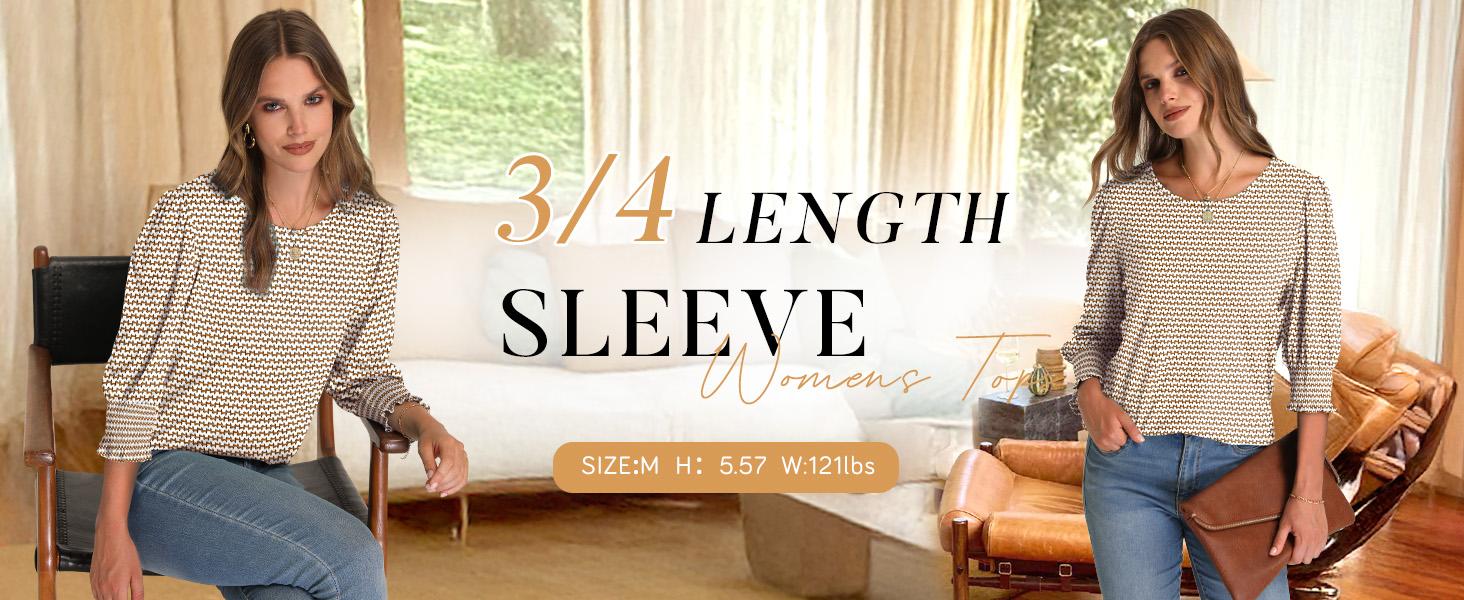 WIHOLL Blouses for Women Dressy Casual 3/4 Length Sleeve Womens Tops with Smocked Cuffs