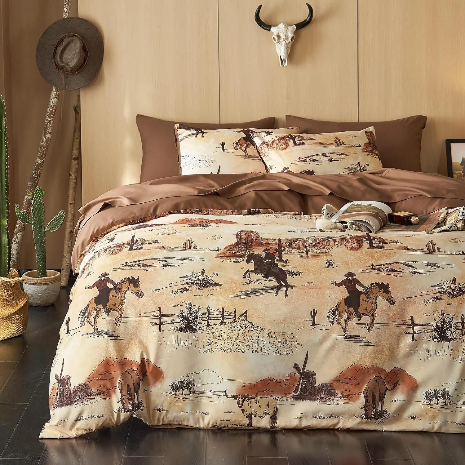 - Comforter Set, Ranch Life with Southwestern Vintage Pattern Printed, Soft Lightweight Bedding, 3 Pieces, Ochre Brown, Queen Size