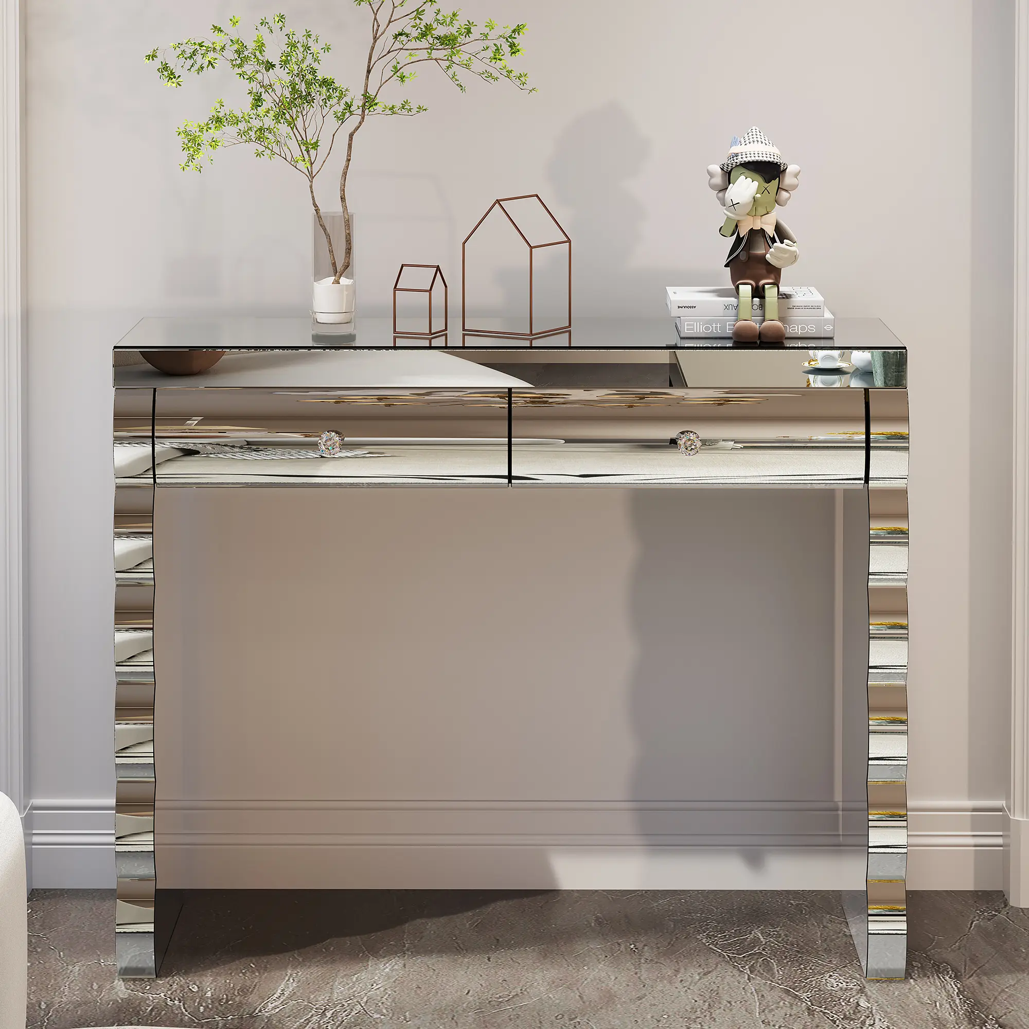 ARCH Mirror Console Table with 2 Drawers, Silver Dressing Table for Bedroom, Curved Vanity Table with Mirror, Hallway Entryway Sofa Table, Modern Makeup Desk for Living Room, Home Furniture, Living Room Table for Sofa Side, Bedroom, Office