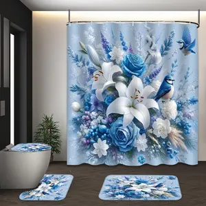 LVRLVR 4Pcs Blue Lily & Rose Floral Bird Print Light Blue Tone Shower Curtain Set 70.8×70.8 Inch Floral Shower Curtains For Bathroom