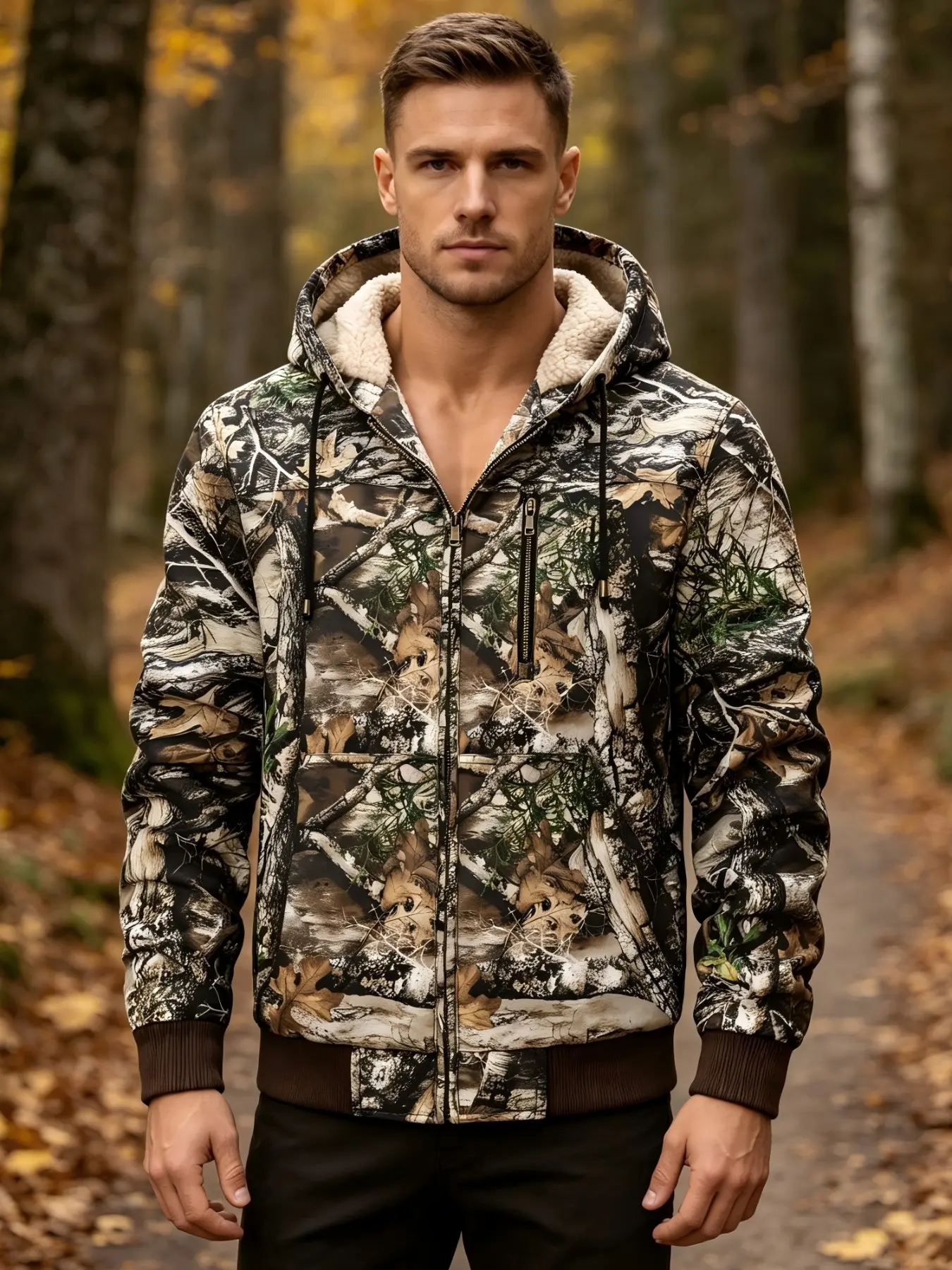 Men's Camouflage Hooded Jacket, Ideal for Hiking and Outdoor Activities, Fleece Lined, Durable Design, Perfect for Fall and Winter