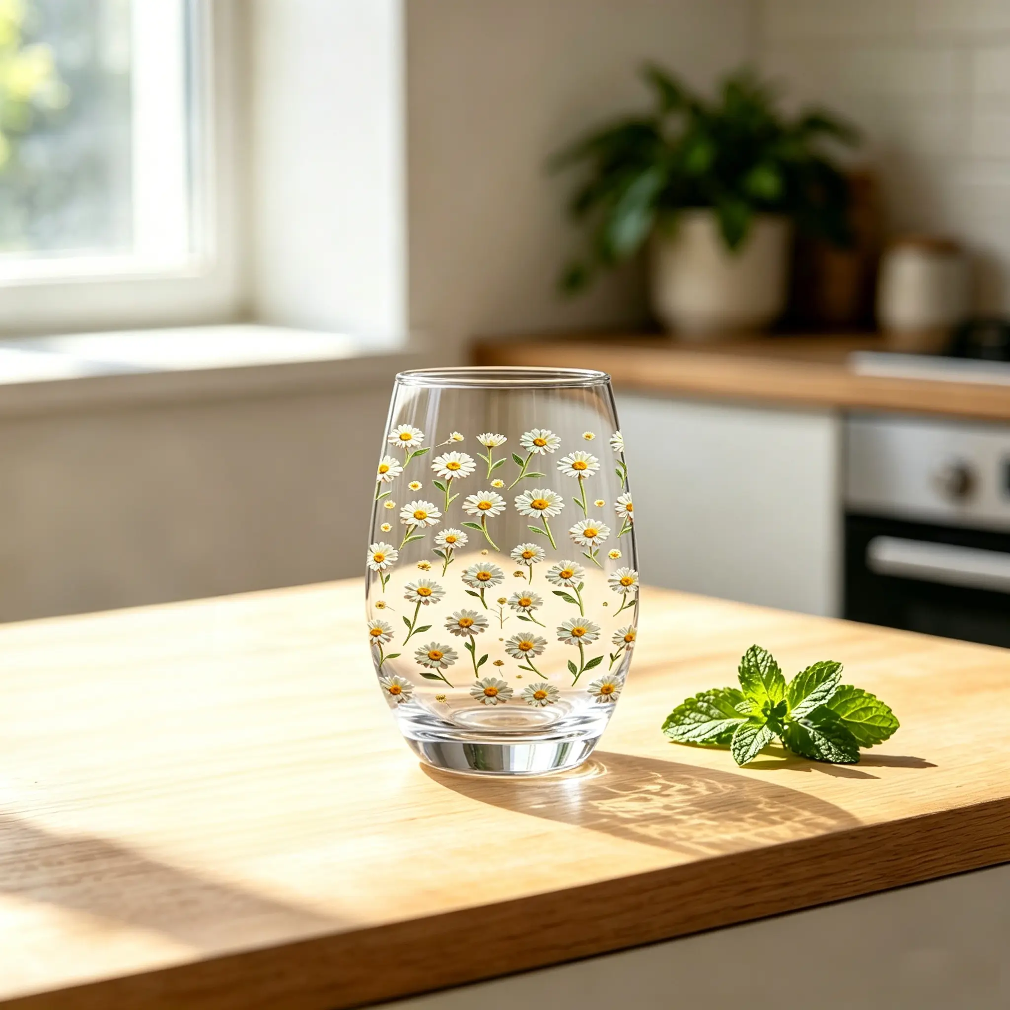 1pc/12oz/350ml/Stemless Wine Glasses,Champagne And Whisky Glass,Party Cups For Indoor Outdoor Perfect For Home Office Bar Weddings And Toasts,Dainty Daisy Print Festive Gift Design,Warm Gifts For Family And Friends,Summer Party Gifts