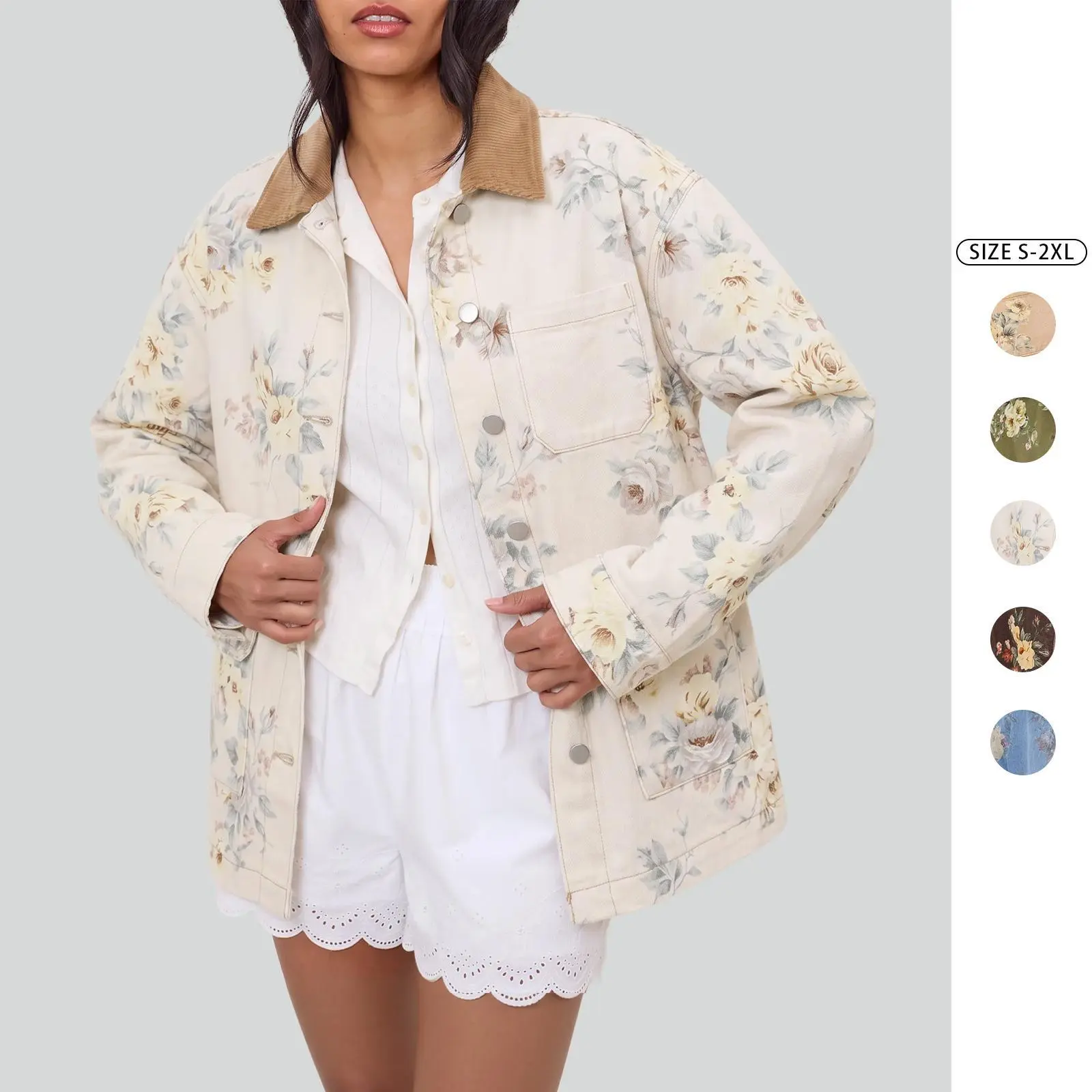 Imily Bela Women's Floral Print Denim Chore Coat with Contrast Corduroy Collar