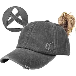 Women's Adjustable Cotton Ponytail Baseball Cap with Criss Cross Messy Buns Design and Distressed Dad Trucker Style - Perfect for Active Days