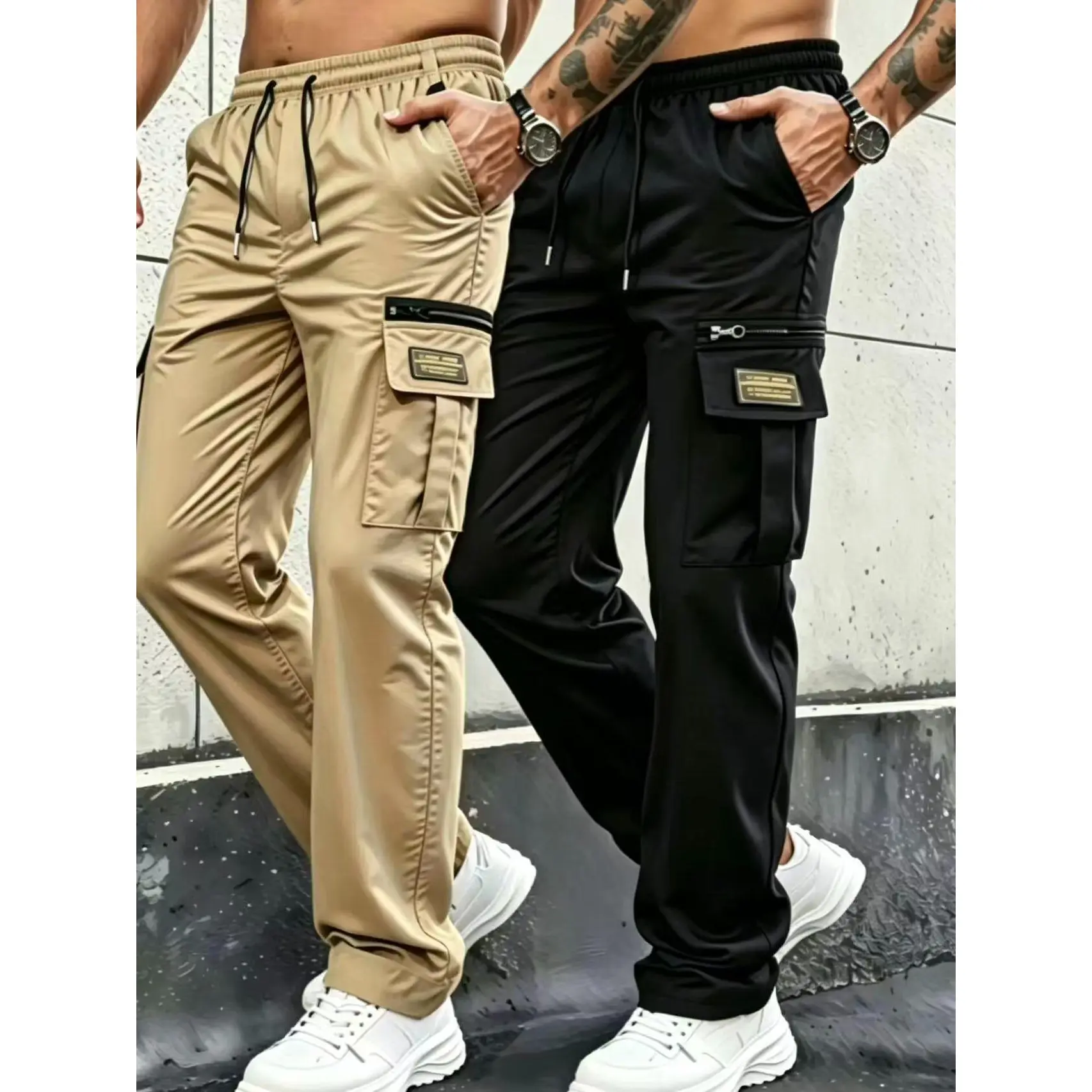 Men's 2-Pack Solid Color Cargo Pants, Lightweight Flap Pockets Elastic Drawstring Waist Loose Fit Breathable Trousers, Outdoor Hiking Work