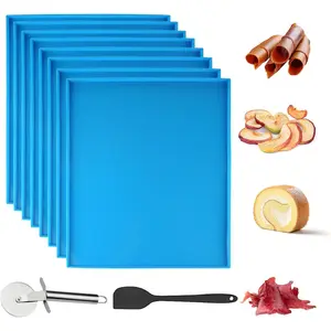 8PCS Silicone Dehydrator Trays with Edge Fruit Leather Trays 12 x 10 Inch Non-stick Dehydrator Mats with Silicone Scraper Cutter Wheel for Fruit Vegetables Meat Herbs and Liquid