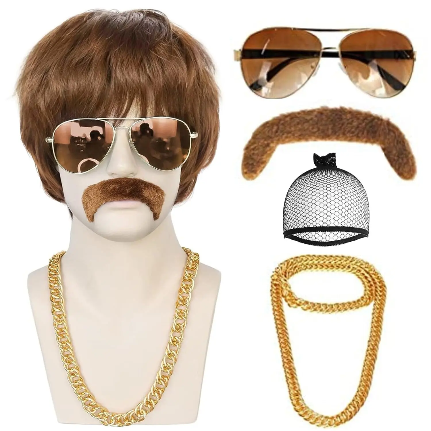 Hair Cap+5  Set (1 Glasses+1 Chain+1 Mustache) Brown Mens Wigs 70s 80s Disco Short Wigs Disco Party Wig for Men Brown Synthetic Hair Rocker Costume Set for Halloween Party