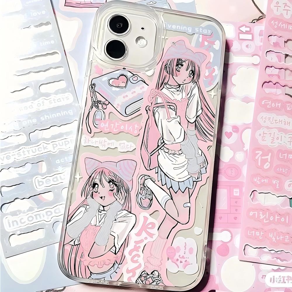 Comic Kawaii Pink Anime Girl Phone Case for iPhone 17 16 15 14 13 12 11 Air Pro Max Plus Stylish Cute Soft Clear Shockproof Durable