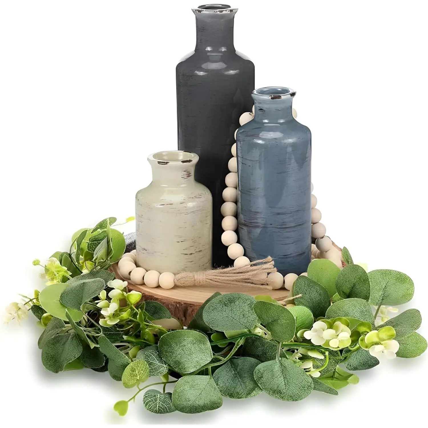 6 count Rustic Table Centerpieces, Set of 3 Boho Ceramic Vases, Wooden Serving Tray, Modern   Beads Garland Tassel, Artificial Greenery for  Coffee Tabletop Decor(Morandi)