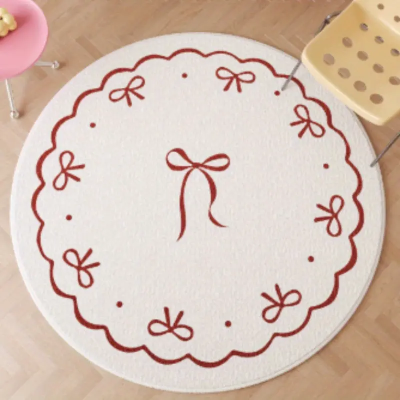 Round Flannel Rug Imitation 1000g/ ㎡ Ins-style Korean-style wavy circular carpet with bow accents, plush and thickened 10mm soft carpet for living room interior decoration