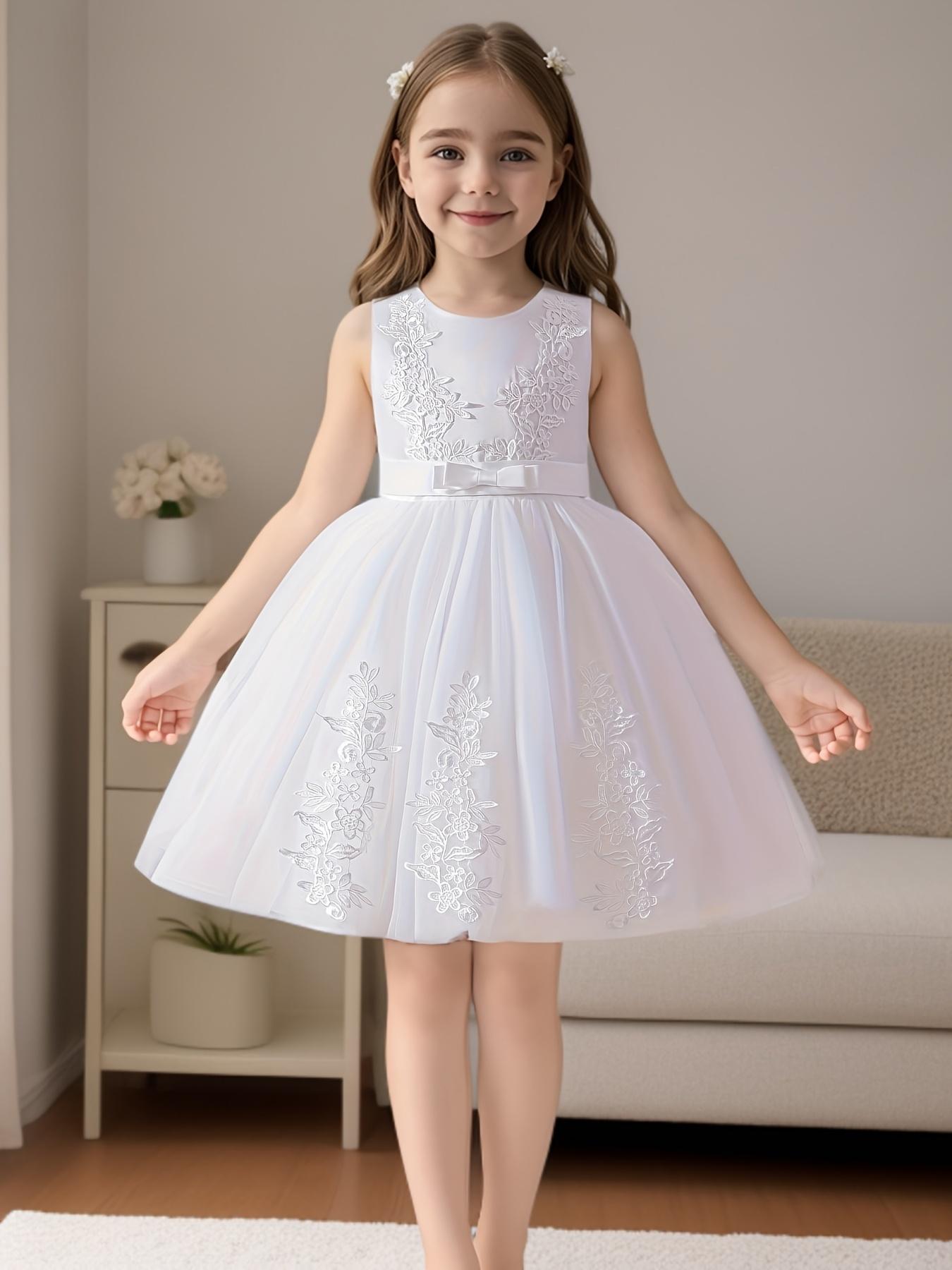 Girls Princess Dress Lace Mesh Flower Girl Wedding Stage Runway Sleeveless Midi Crew Neck Embroidered Tie Back Flared Hem All Season Non Stretch Formal Dresses