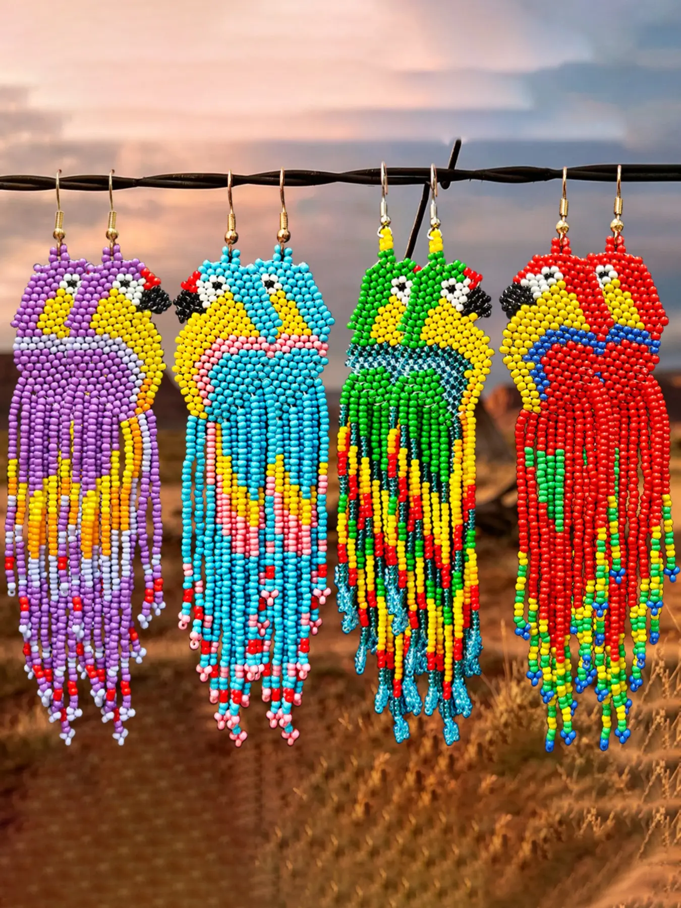 Handmade Colorful Seed Bead Parrot Tassel Earrings, Boho Bohemian Style, Perfect for Parties, Festivals, Gifts, Daily Wear