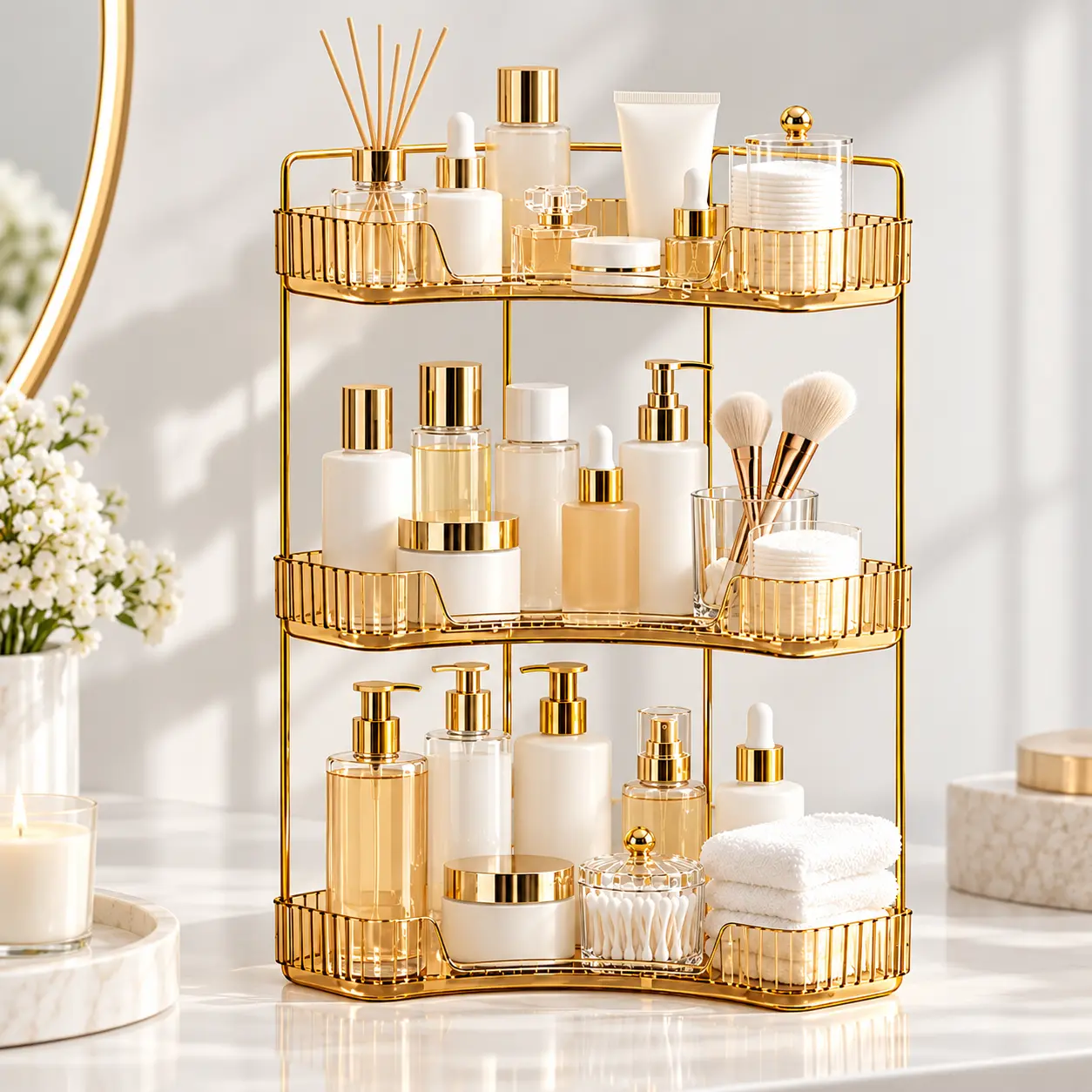 Bathroom Countertop Organizer, 2-Tier or 3-Tier Vanity Shelf for Perfume, Skincare and Makeup, Gold-Tone Frame
