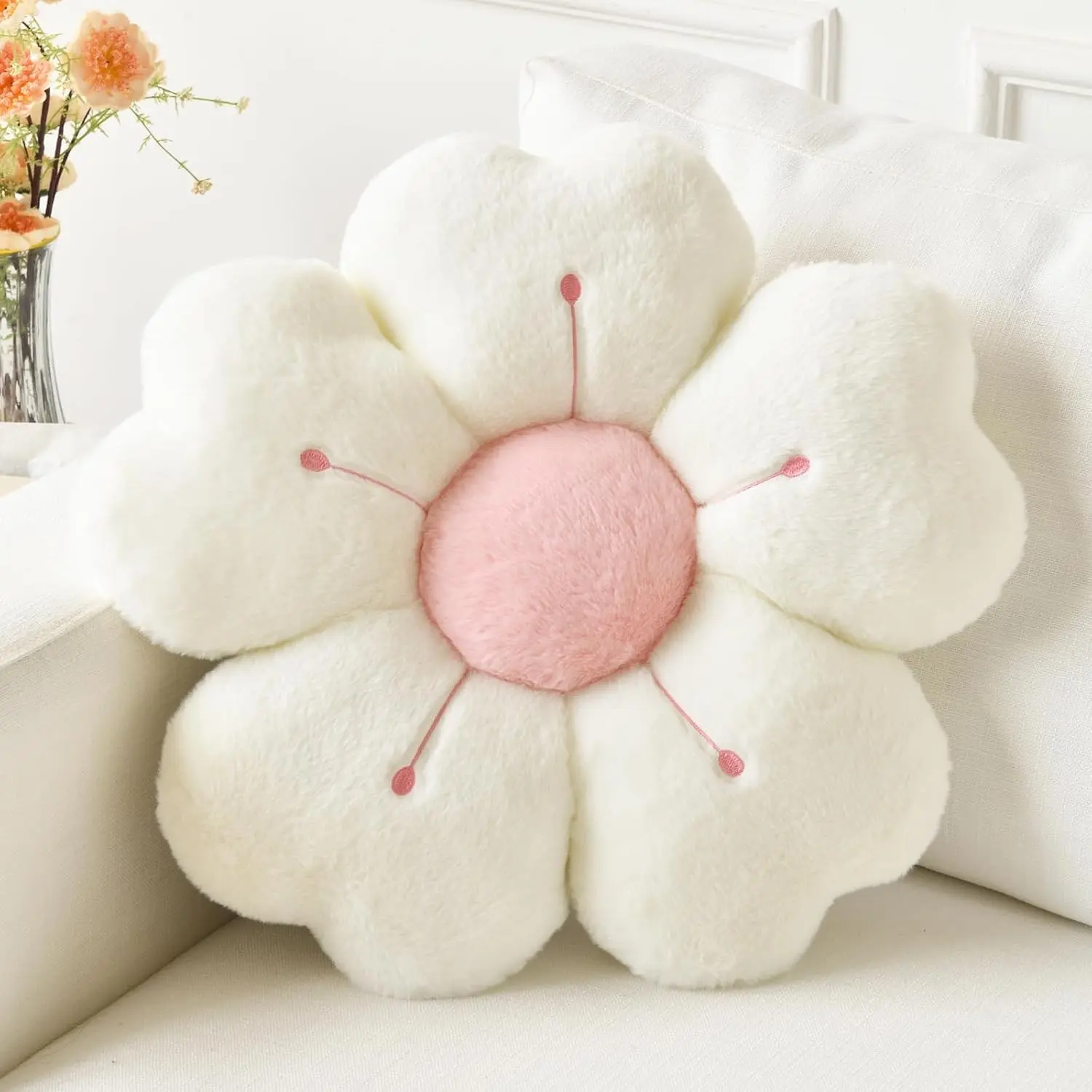 Flower Pillow, Cute Daisy Decorative Throw Pillows, White, 15 Inches | Cute Soft Accent Pillow with Soft Plush for Couch Bed, Dorm Decor Floor Seating Cushion