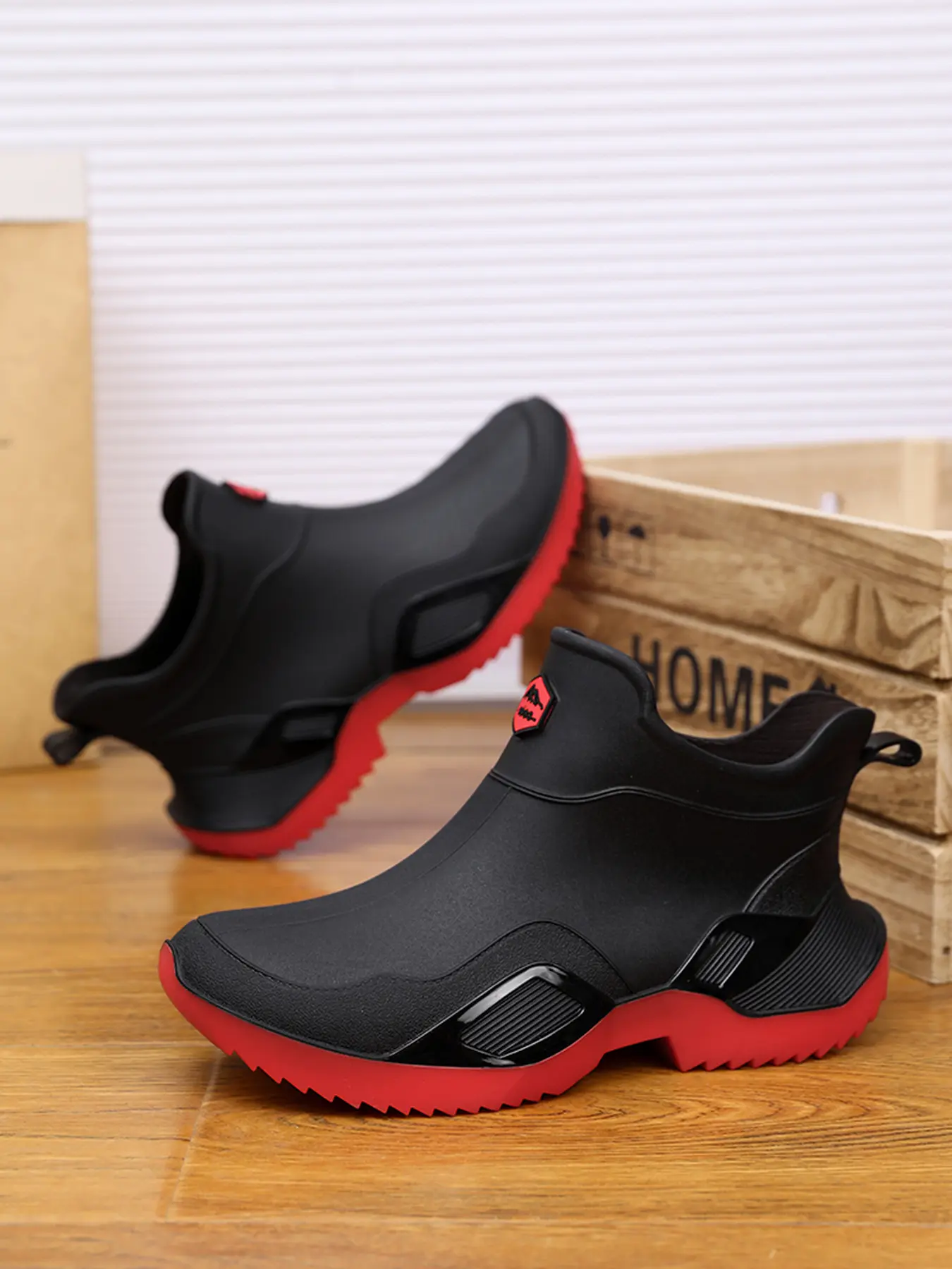 Men's Off White Brown Low Cut Outdoor Rain Boots, Deep Lug Anti-Slip Sole Slip-On Waterproof Commute Rubber Wellies