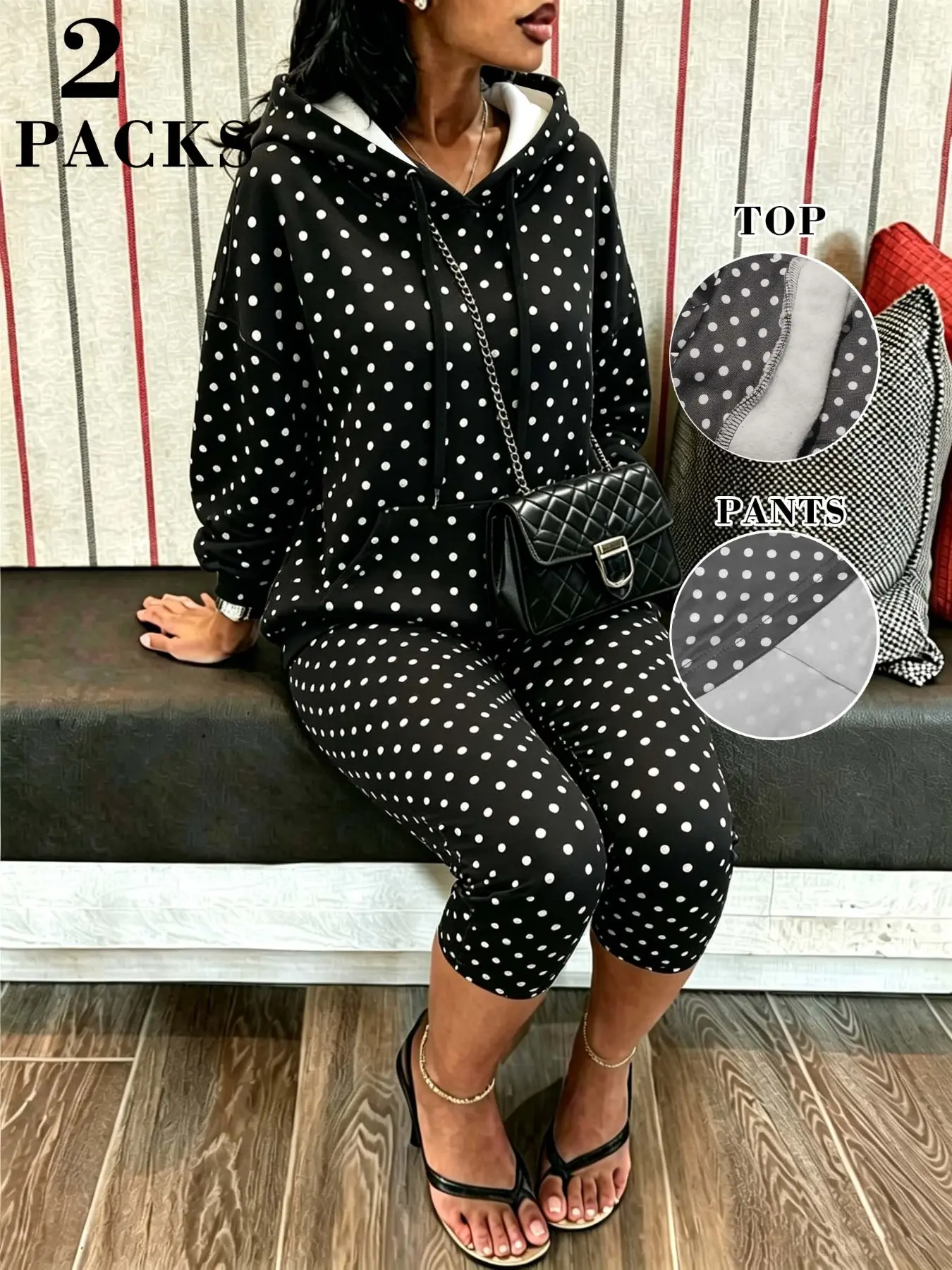 Polka Dot Hoodie and Seven-Quarter Pants Casual Lounge Set, Oversized Loose Fit Casual, Adjustable Drawstring Hat, Large Pocket, Lightweight Warmth