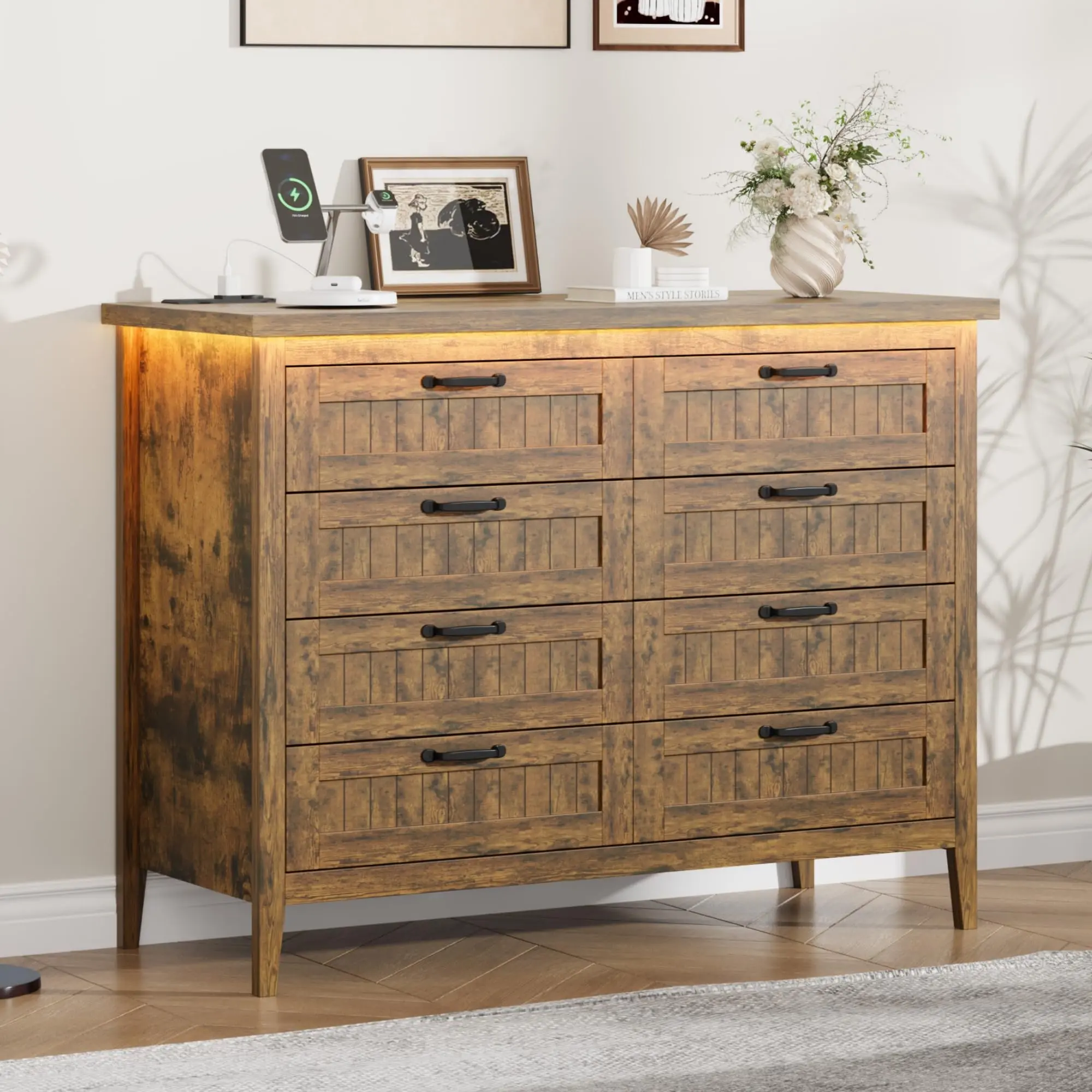 5/8 Drawer Dresser with Power Outlet & LED Lights, Vertical Wooden Chest of Drawers, Slim Farmhouse Clothes Storage Organizer Closet Chest for Bedroom Living Room, Multiple Colors