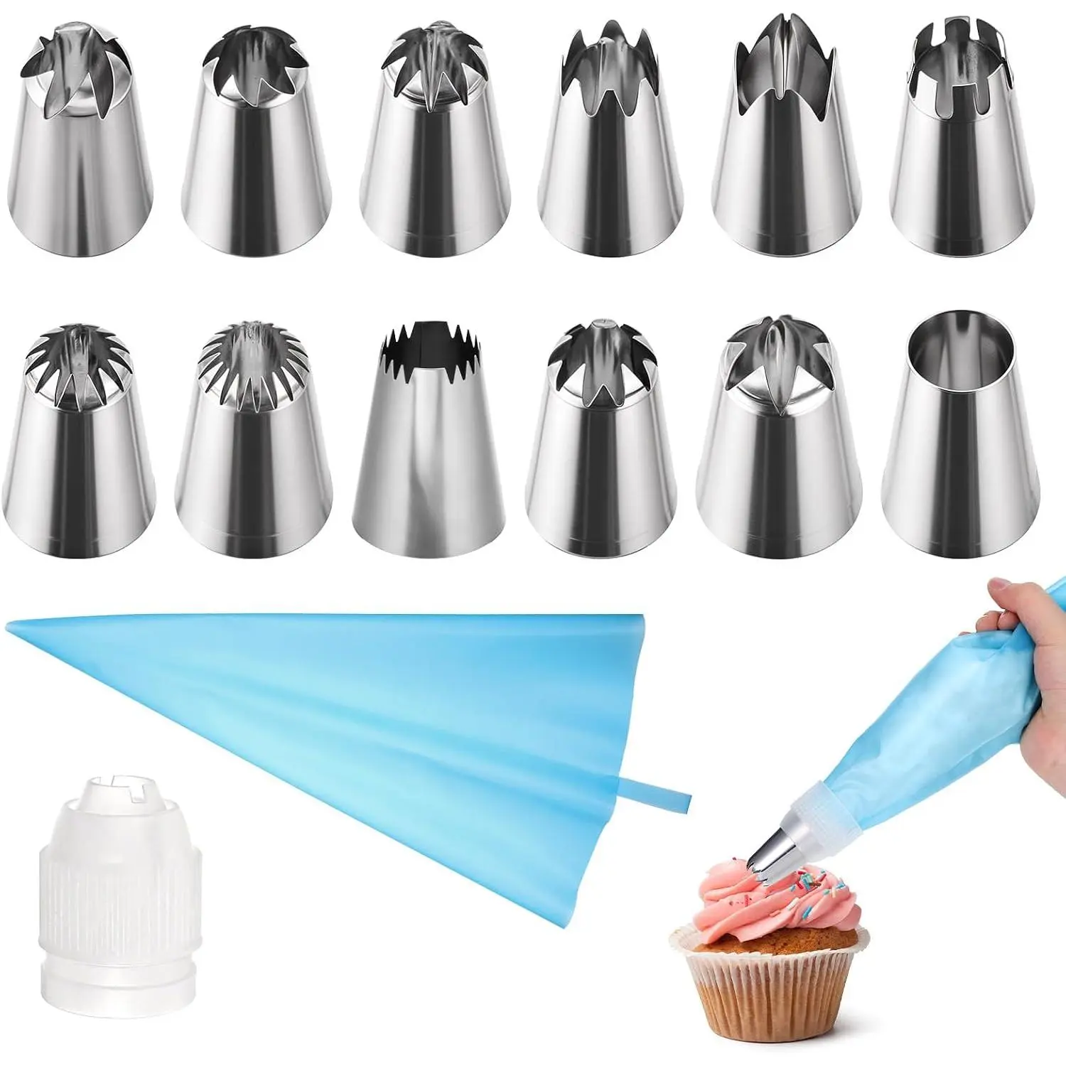 14-Count Large Stainless Steel Icing Piping Tips Set, Bakeware Cake Decorations Kit with Pastry Bag for DIY Cupcakes, Cakes, Baking Projects, Decorating Icing Piping Nozzles