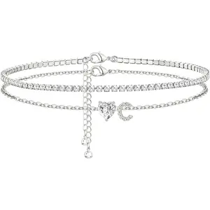 Heart Initial Silver Anklets for Women Waterproof Dainty Silver Plated ankle bracelets for women Large Ankle Women's Anklets Tennis ankle bracelets Non Tarnish Summer Beach Foot Jewelry