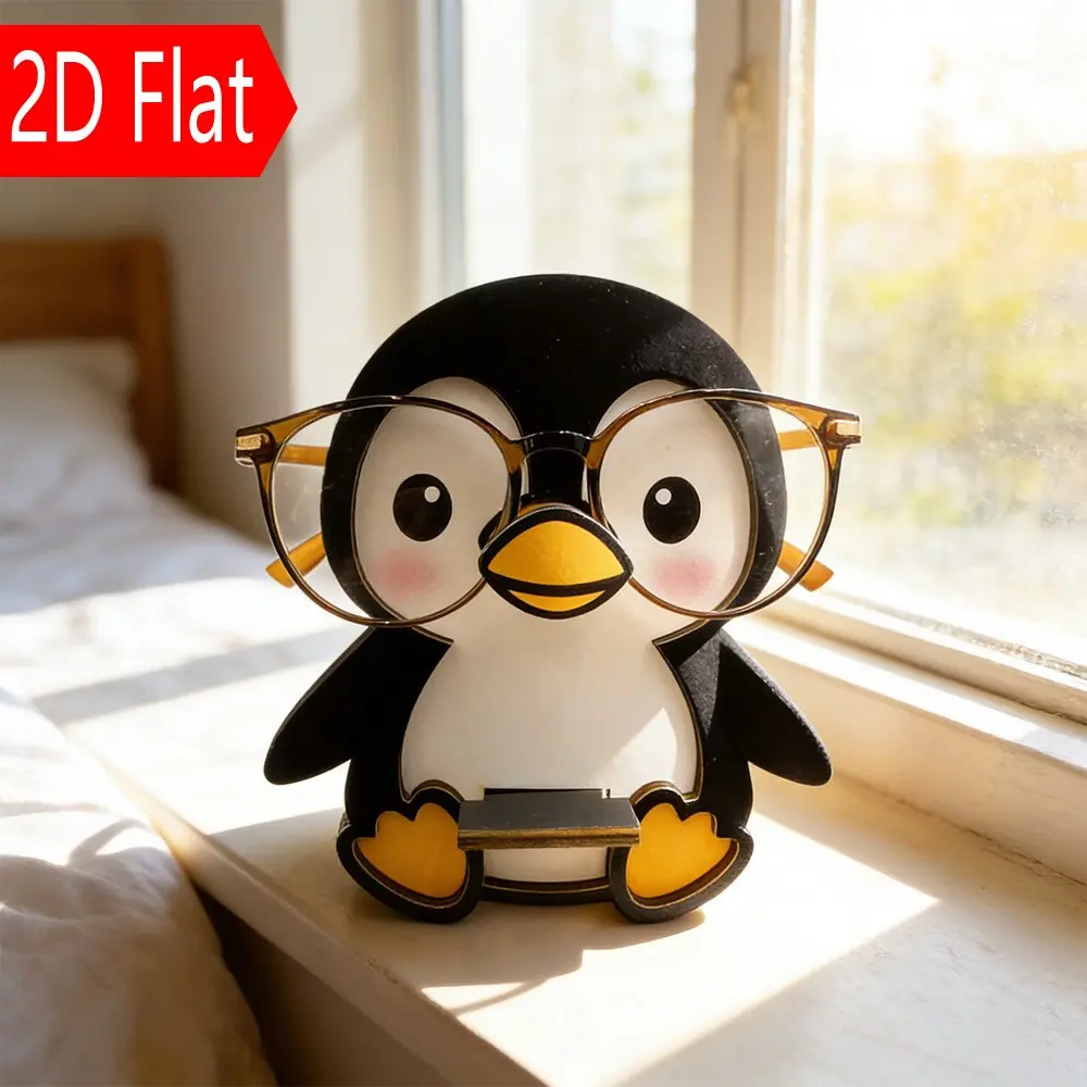 Creative Wooden Penguin Glasses Holder, Dual-Use Desktop Organizer and Decor, Cute and Practical Eyeglass Stand for Home and Office