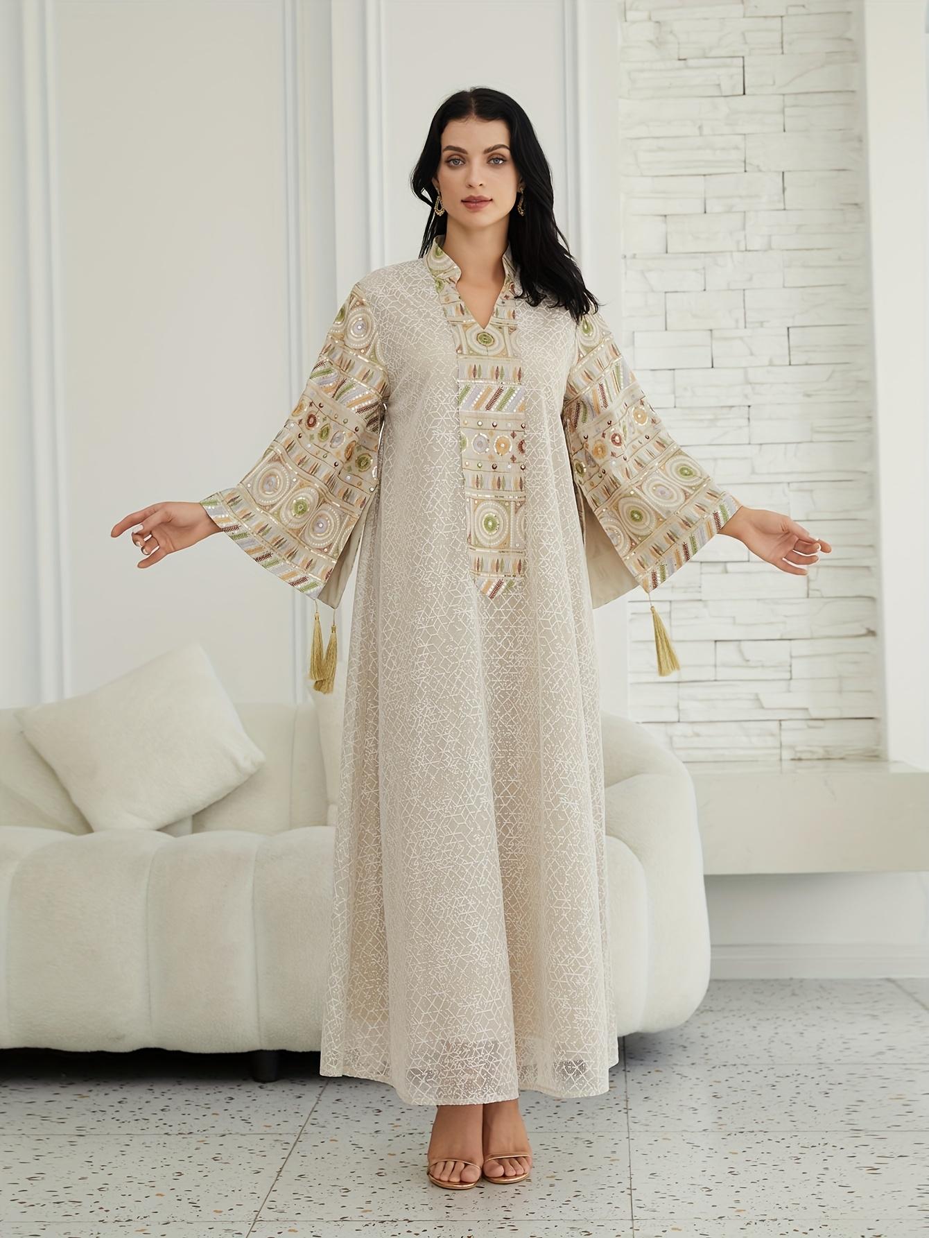 Directional Stock Middle Eastern Women'S Ramadan New Traditional Style Fashion Elegant Sequin Mesh Dress Jalabiya Evening Gown, Abayas Women'S Robe Kaftan Gown, Suitable for Festive Occasions And Parties