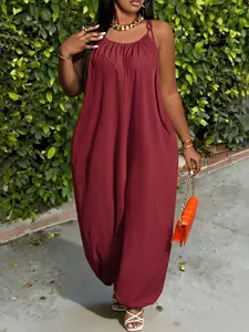 Plus Size Women's Boho Style Wide Leg Romper, Casual Summer Fashion, Loose Fit Solid Color, Sleeveless Strap Party