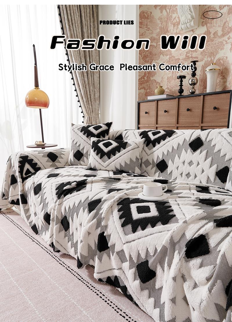 Bohemian Plush Sofa Throw Blanket, Geometric Pattern Design, Pet-Friendly, All-Season Use, Home Decor, Sofa Couch Covers, Sofa Slipcover