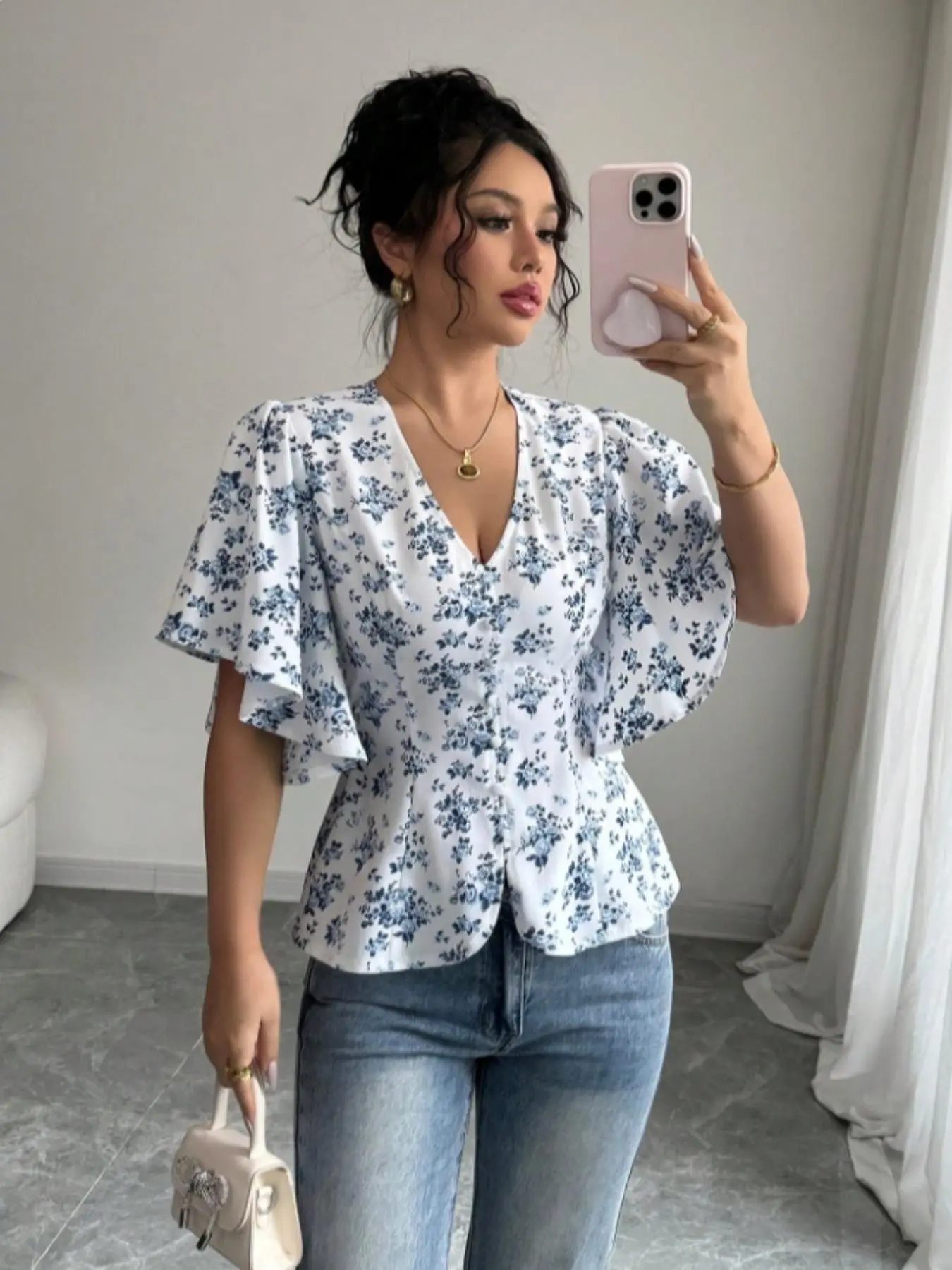 V Neck Waist Cinch Button Fly Sleeve Short Top, Office Date Outing Slimming Versatile Floral Shirt Blouse, Trendy Casual Wear Stylish Casual Blouse Botanical Shirt