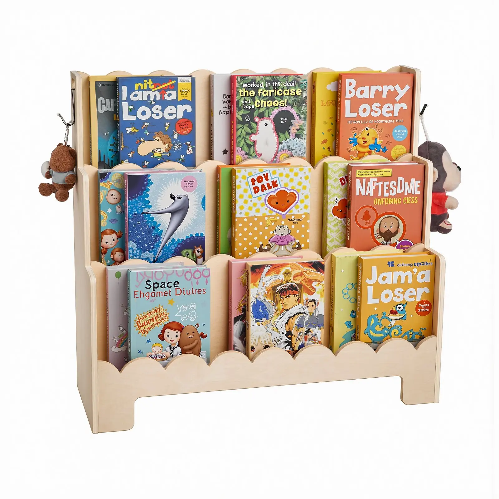 VEVOR Sturdy Floor Montessori Bookshelf, 3-Tiered Scalloped Kids Bookcase, Front-Facing Toddler Storage, Dual Hooks for Backpacks, 13.67 lbs, for 0-3 Years Nursery, Kids Room
