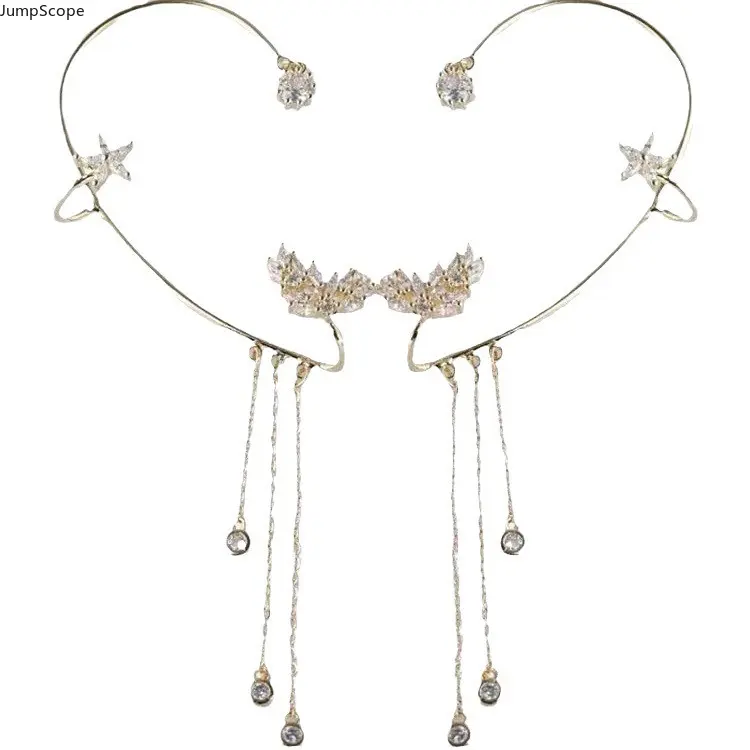 No Piercing Crystal Floral Wheat Tassel Ear Cuff Set For Women, Sparkly CZ Butterfly Wrap Ear Climber Hook Fairy Aesthetic Stackable Clip On Non-Pierced Ear Jewelry For Wedding Party Daily Soft Girl Outfit