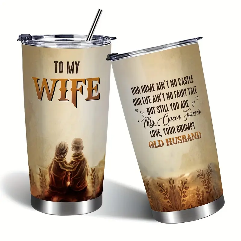 TO MY WIFE 20 oz Vacuum Stainless Steel Cold Car Cup with Lid and Straw - 1-Piece Kitchenware Drinkware Vacuum Flask, Ideal Birthday/Valentine's Day Gift for Wife