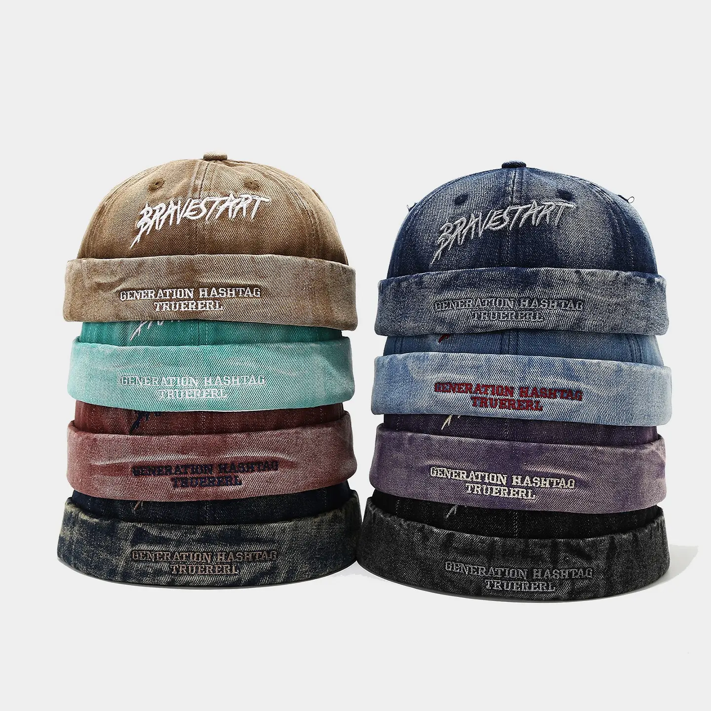 Vintage Washed Denim Brimless Docker Hat • Y2K Streetwear Distressed Statement Embroidery Beanie Cuff Cap for Women Men