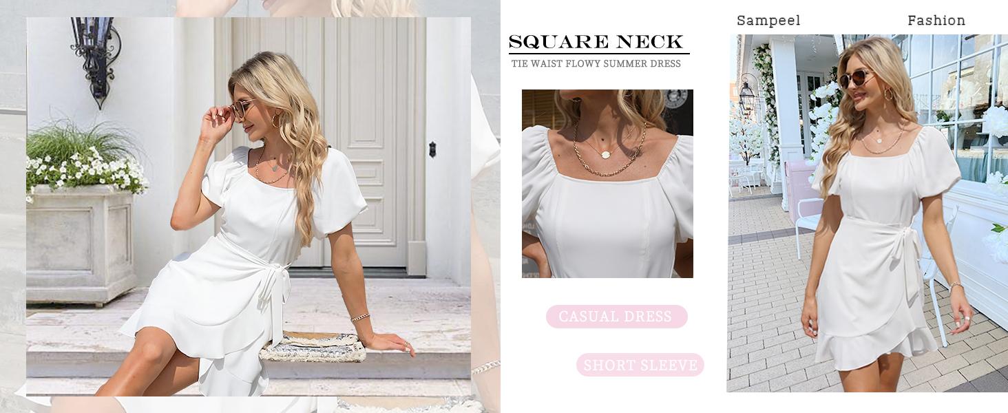 OFEEFAN Womens Summer Dresses Square Neck Puff Sleeve Tie Waist Short Dress SpringStatements OFEEFAN Womens Summer Dresses Square Neck Puff Sleeve Tie Waist Short Dress SpringStatements