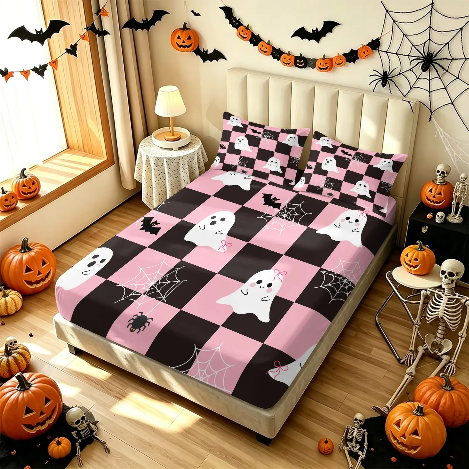 Pink Black Checkered Spooky‑Cute Ghost Halloween Fitted Sheet Set, 1 Fitted Sheet + 2 Pillowcases ‑ 3 Piece, Soft Microfiber Deep Pocket Design, Gift for Kids, Teens and Adults, Holiday Gift for Halloween Home Decor Fans