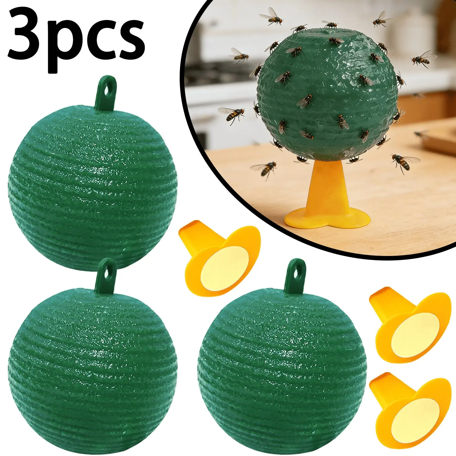 3-Pack Insect Trap Balls, Indoor Outdoor Fly Traps, Free Heart Base & Round Adhesive, Efficient Pest Control for Kitchen, Living Room, Office