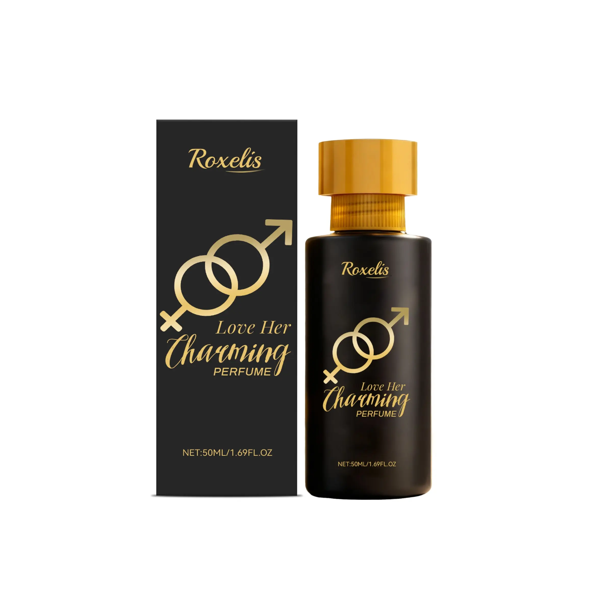 Sleek Matte Cylindrical Perfume 50ML, Glossy Golden Ribbed Cap, Oriental Woody Musky Scent, Luxury Gold Symbol Print, Long Lasting