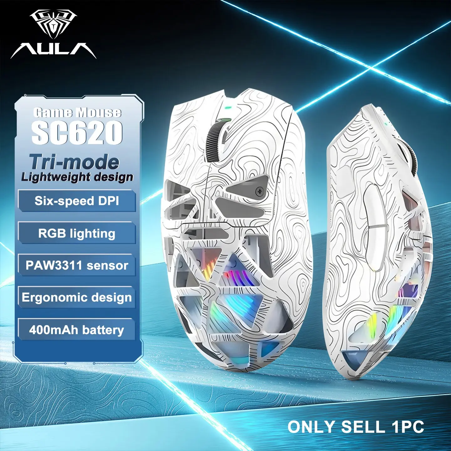 Aula Sc620 Triple Mode Mouse, Wired/wireless, Ergonomic Design, Hollow Out Style, Cool Lights, Large Battery, Compatible with Win/MAC/iOS